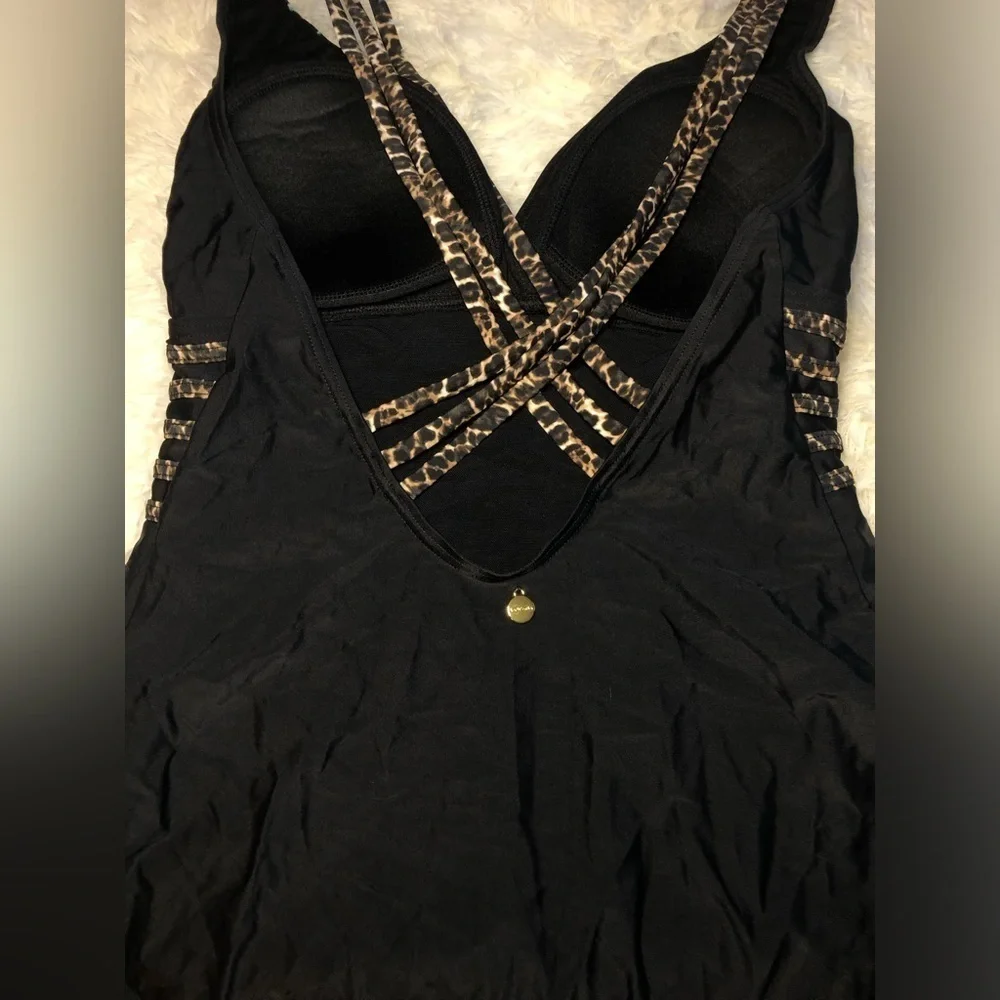 Black One-Piece Swimsuit with Patterned Straps